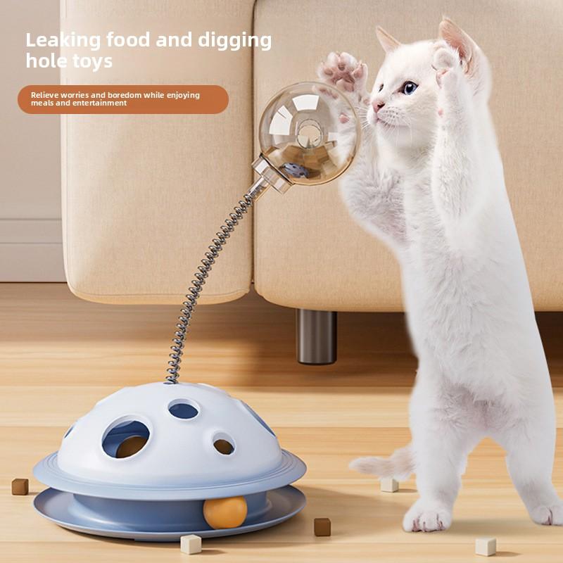 Leaky food ball turntable with spring cat play plate planet hole-picking toy, cat-pleasing pet toy