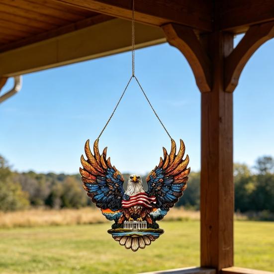 4th of July Suncatcher for Window Hanging Acrylic Stained Glass Heart/Eagle Ornament Patriotic Red White Blue Sun Catcher Panel for Memorial Day Decor