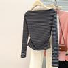 Real shot striped one-word shoulder long-sleeved T-shirt women's season new slim-fit bottoming shirt top