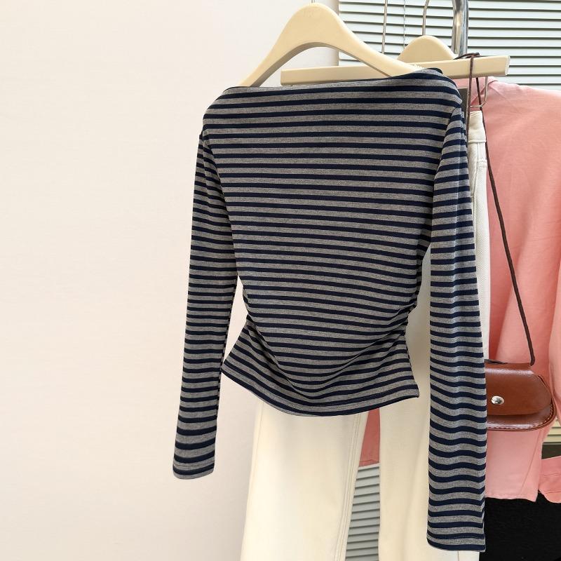 Real shot striped one-word shoulder long-sleeved T-shirt women's season new slim-fit bottoming shirt top