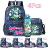 4 st/set Anime Hatsune Miku Tryckt Ryggsäck Stor Kapacitet Skolväska Axelväska Pennfodral med 750 ml Vattenflaska Vattentät Skolväska