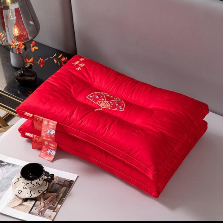 Embroidered Red Wedding Pillow - All-Cotton Feather Velvet for Newlywed Celebration
