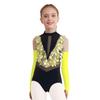 Kids Dance Leotard with Gloves Mock Neck Cutout Back Sparkling Sequins Color Block Performance Outfit