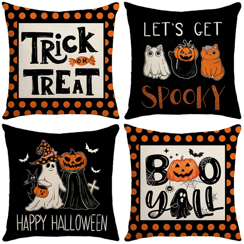 4 Pack Halloween Linen Throw Pillow Covers Cushion Case Vintage Square Pillowcase for Couch Sofa Bed Living Room Home Decor