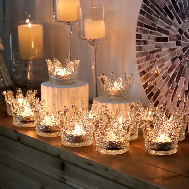 6/12pc Glass Crown Candle Holders Elegant Makeup Sponge Jewelry Storage Cup Sparkling Gold Bead Crystal Candle Holder Home Decor