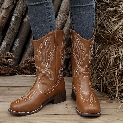 Pu Leather Embroidery Western Boots Women Autumn Slip On Low Heels Mid Calf Boots Woman  Trendy White Cowgirl Boats Mujer