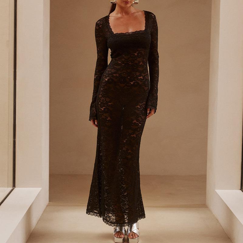 Dame Blonder Gjennomsiktig Kjole Sexy Firkantet Hals Langermet Utspart Bodycon Lang Kjole Aftenkjoler