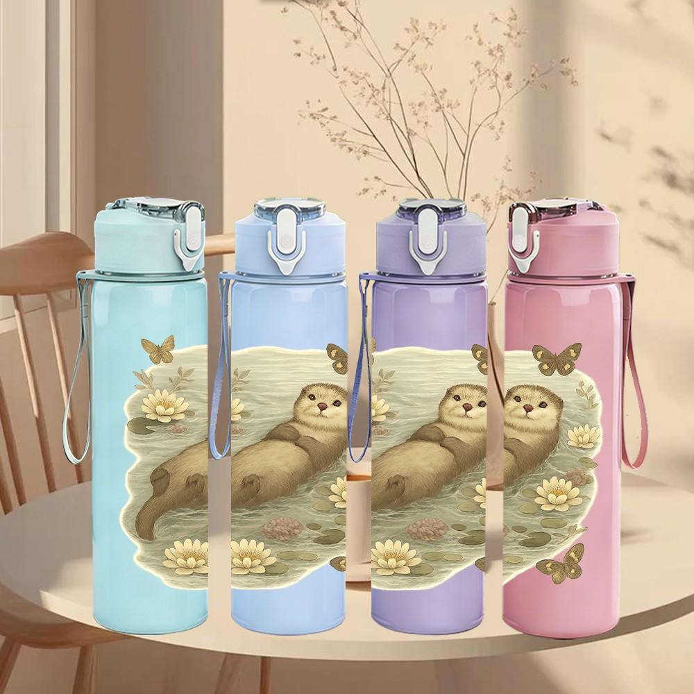 1PC Floral Floating Otter 750ml Color Plastic Sports Water Bottle Leakproof Flip Straw Lid Suitable for Sports Office Home Use