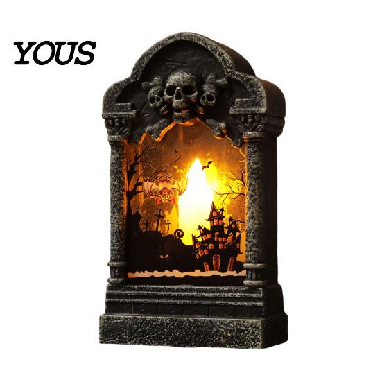 Table Bookshelf Decoration Tombstone Candle Lantern, LED Lighted Spooky Graveyard Lamp, Halloween Haunted House Props Small Night Light for
