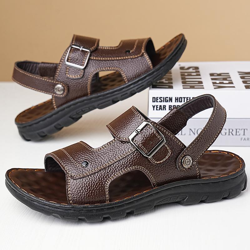 Solid Color Buckle Designer Leather Sandals for Men Summer New Fashion Beach Shoes Male Dual-use Anti-slip Slipper Shoes Man