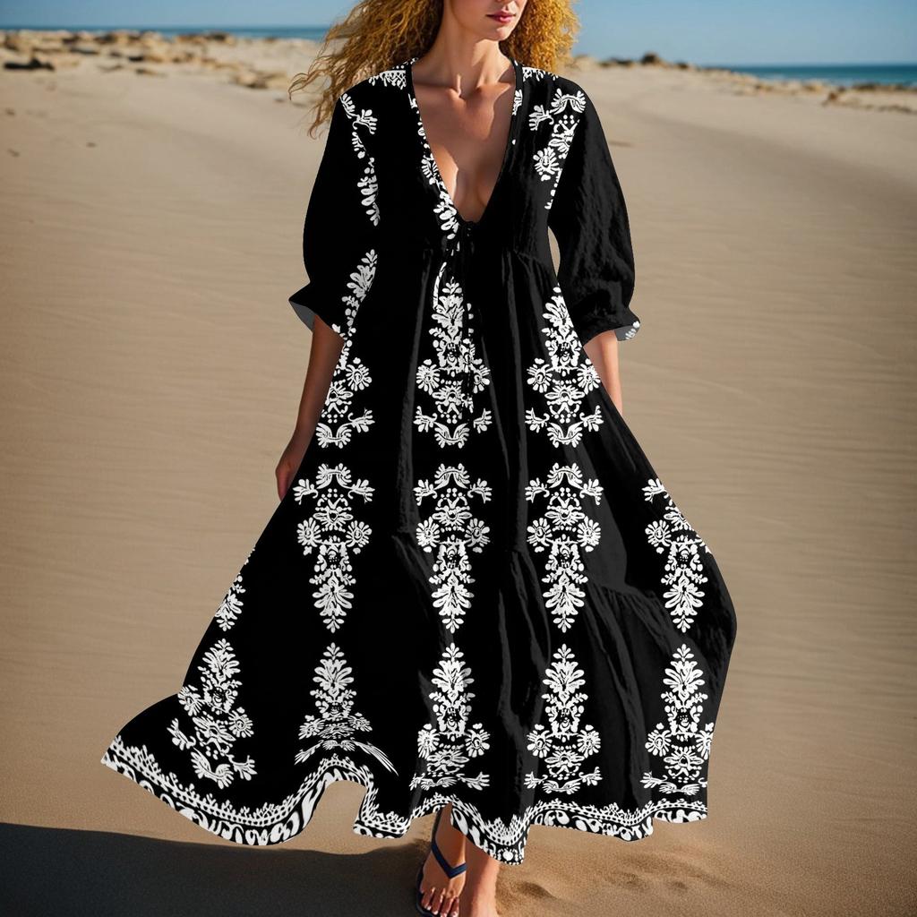Women's Summer Fashion V-neck Retro Floral Print Short Sleeved Beach Dress With Lace Patchwork Dress