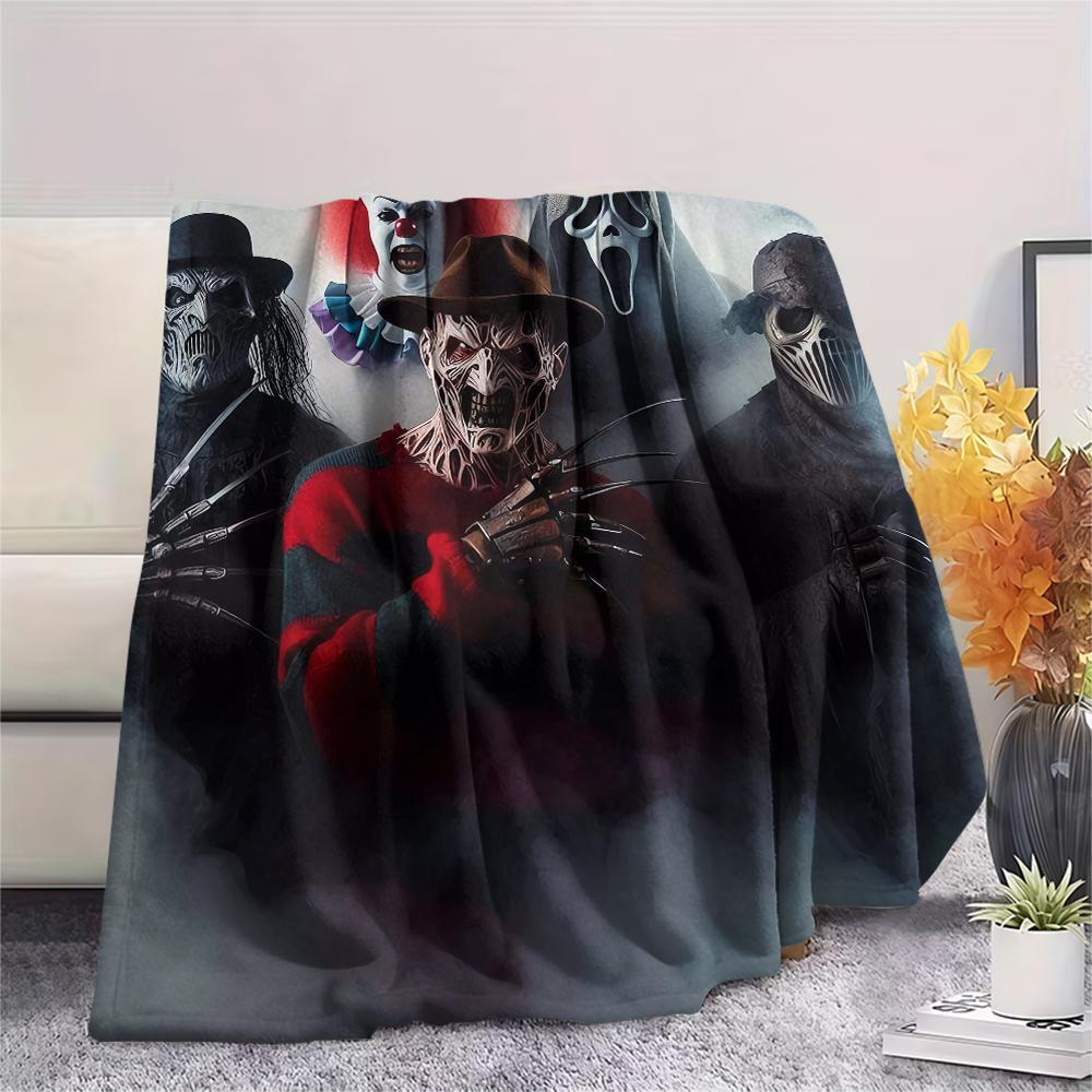 1Pc Horror Killer Print Flannel Blanket, High quality Comfortable for All Seasons, Home Decor, Warmth and Comfort, Perfect for Christmas Gifts