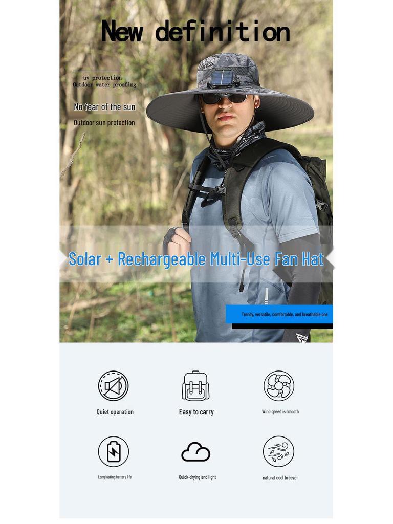 Men's Summer Outdoor Cooling Fan Hat - High Wind Power Sun Protection for Hiking, Fishing, and Mountaineering. Lightweight Fisherman Style.