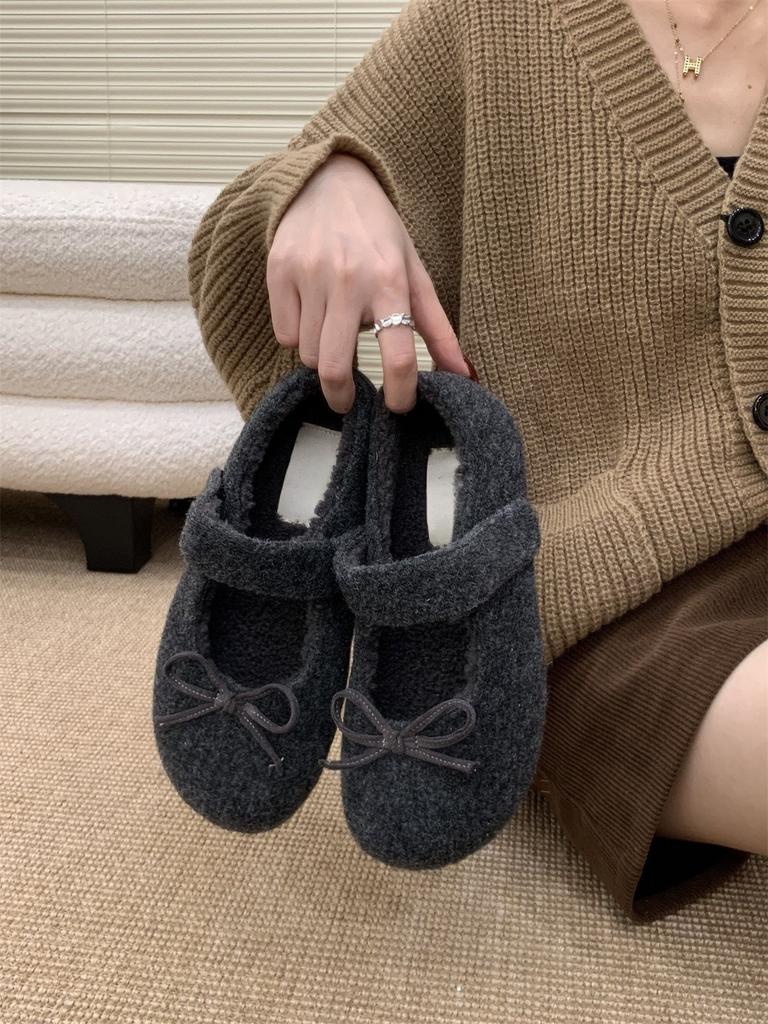 Bow gray fluffy shoes winter wear new velvet single shoes flat warm Mary Jane Doudou shoes