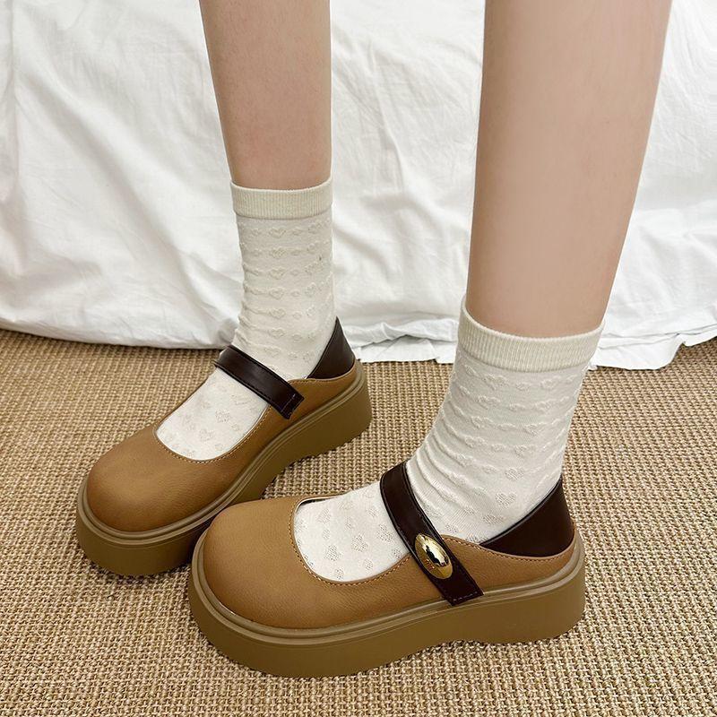 Mary Jane Love Thick Heel Small Leather Shoes Women's 2025 Spring New British Style Retro Platform French Round Head Single Shoes