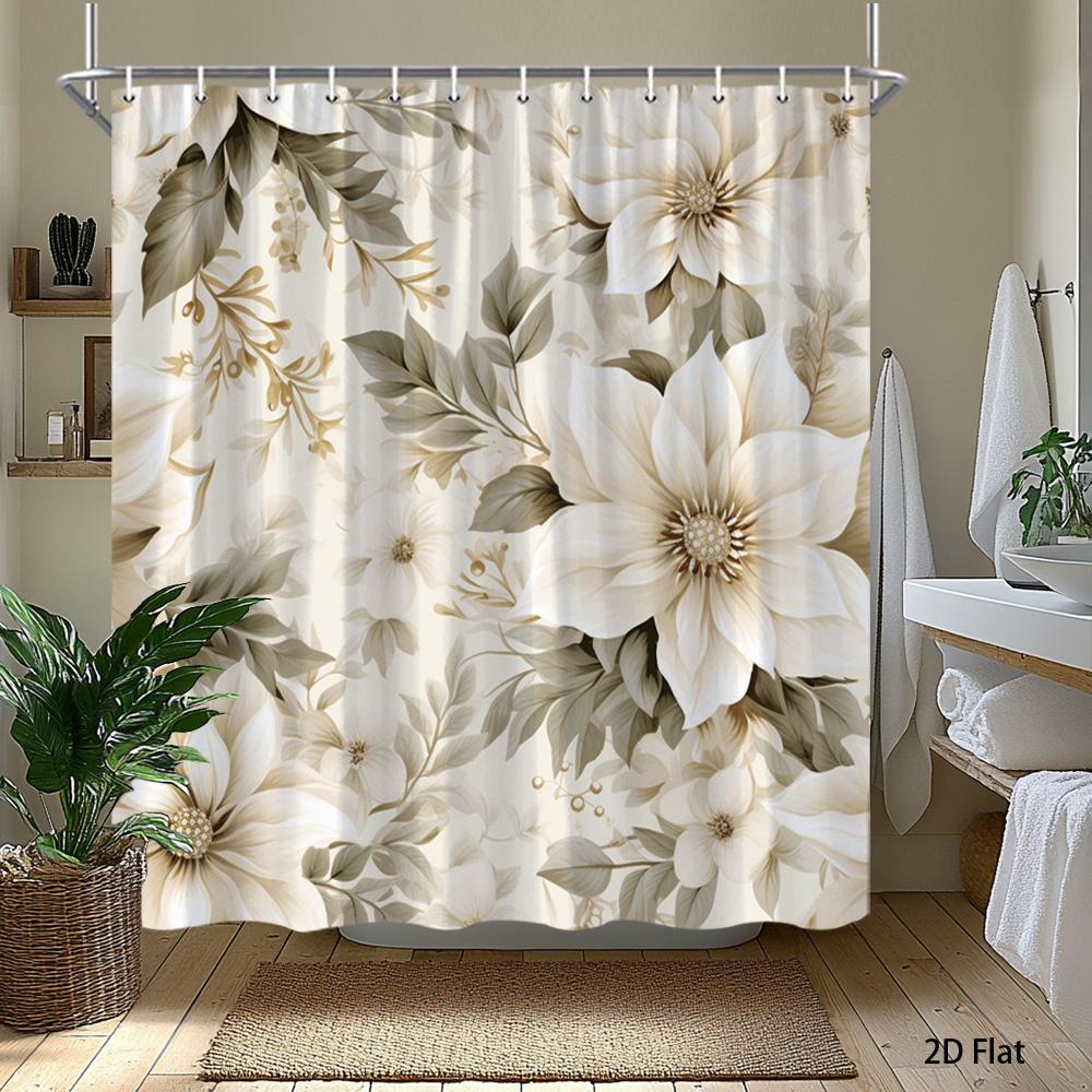 1pc Elegant floral patterned shower curtain, machine washable polyester fabric, suitable for bathroom décor.