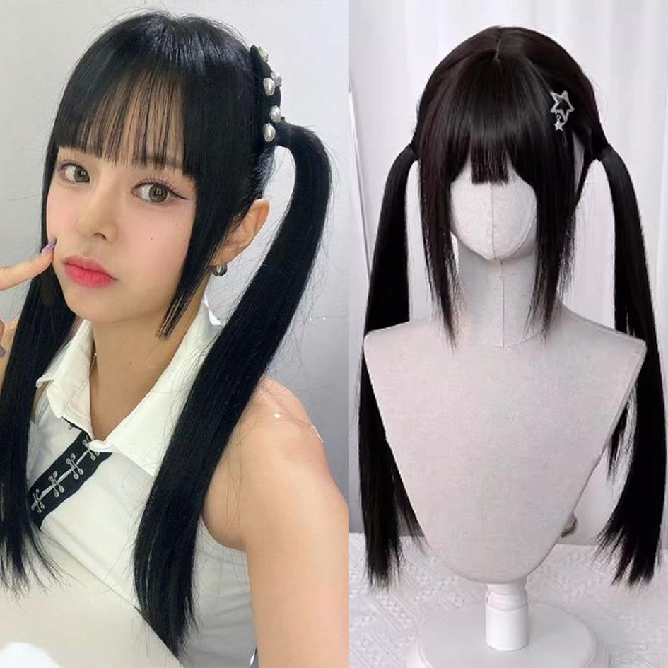Synthetic Wig Lolita Cosplay Double Ponytail Long Straight Hair Anime Game Cosplay Hair Extensions Halloween Christmas Dress Up