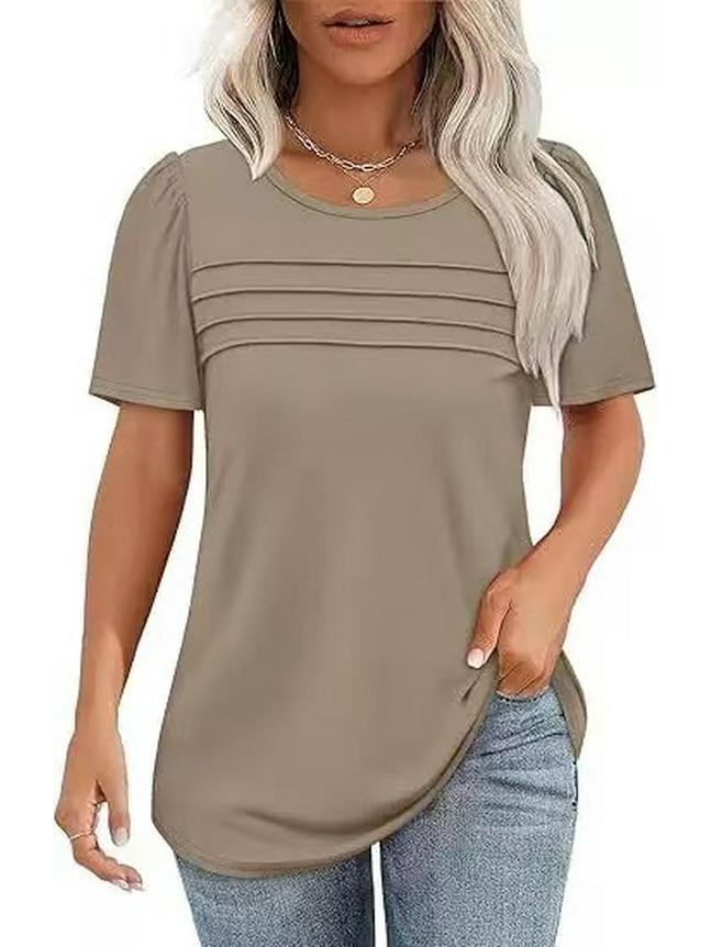 Women's Casual Pleated Loose T-shirt, Round Neck, Short Sleeve, Summer 2026 Collection