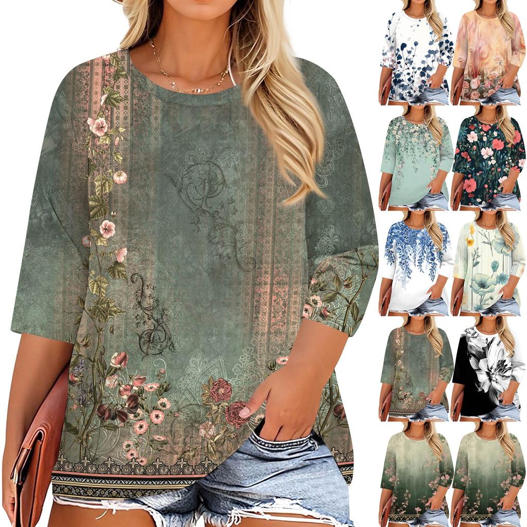 Women's Fashion Casual Print Round Neck 3/4 Sleeve T-Shirt Top