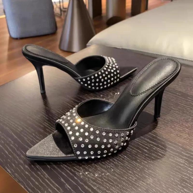 Fashion Pointed Toe High Heels Slippers Women Heeled Sandals Crystal Shoes Sexy 2025 Fashion Summer Open Toe Dress Pumps Party Slides