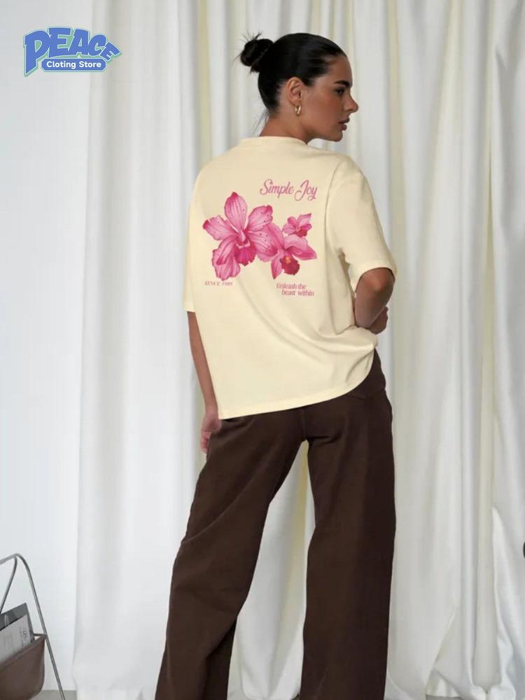 Lovely Moth Orchid Printed T-shirt 100% Cotton T-shirt Women's Clothing Summer Fashion Lovely Casual Comfy Short Sleeve Top Y2K