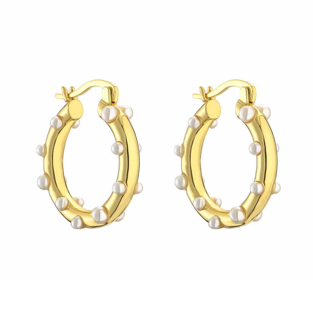 18K Gold Plated Brass Fashion Thick Round Circle Threads Textured Pearl Hoop Earrings for Women High Quality Zircon