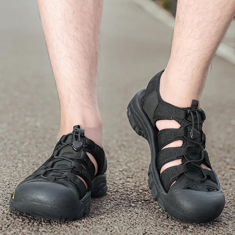 Fashion New Outdoor Quick Dry Male Sandals Hand-stitching Men's Summer Shoes Casual Leather Beach Flats Anti-collision Toe Roma Sandals