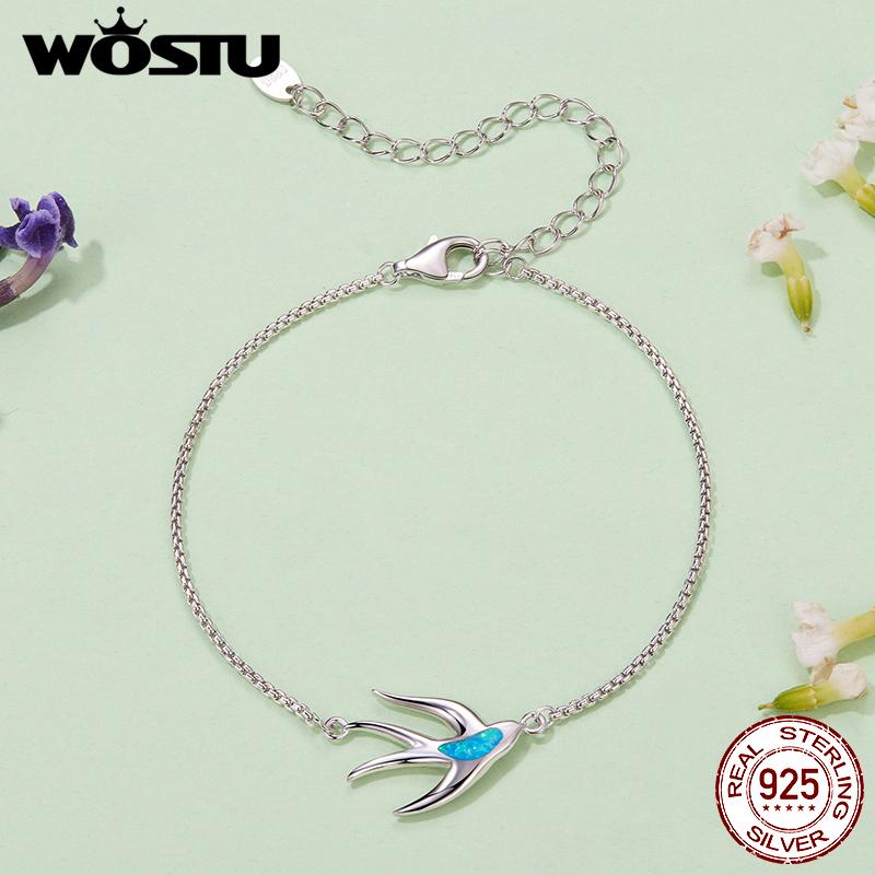 WOSTU 925 Sterling Silver Swallow Bracelet with Blue Opal Dainty Bird Charm Bracelet for Women Daily Wear Original Jewelry Gift