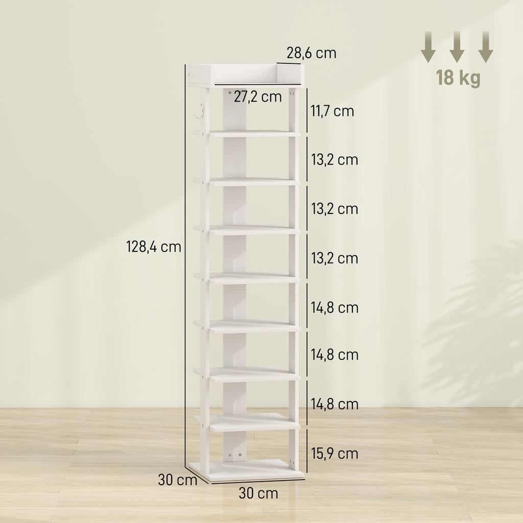 9-stufiges Schuhregal, Schuhorganizer für bis zu 9 Paar mit oberer Ablage, 2 Haken, 30x30x128,4cm, weiß