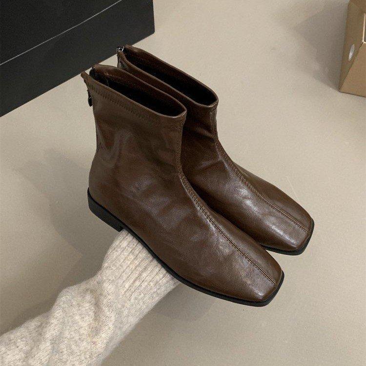 

Ретро квадратный носок зарубежный стиль маленькие короткие ботинки женские осень и зима новые мягкая кожа тонкие ботинки задняя молния короткие ботинки Мартин одинарные ботинки 39 коричневый