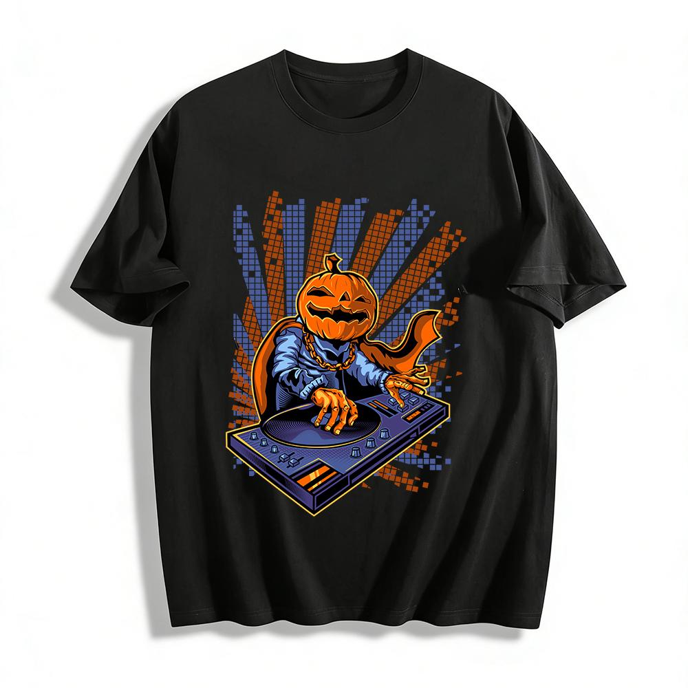 Halloween Pumpkin Head DJ Turntable Cool Graphic Print Top Pure cotton T-shirt XXS