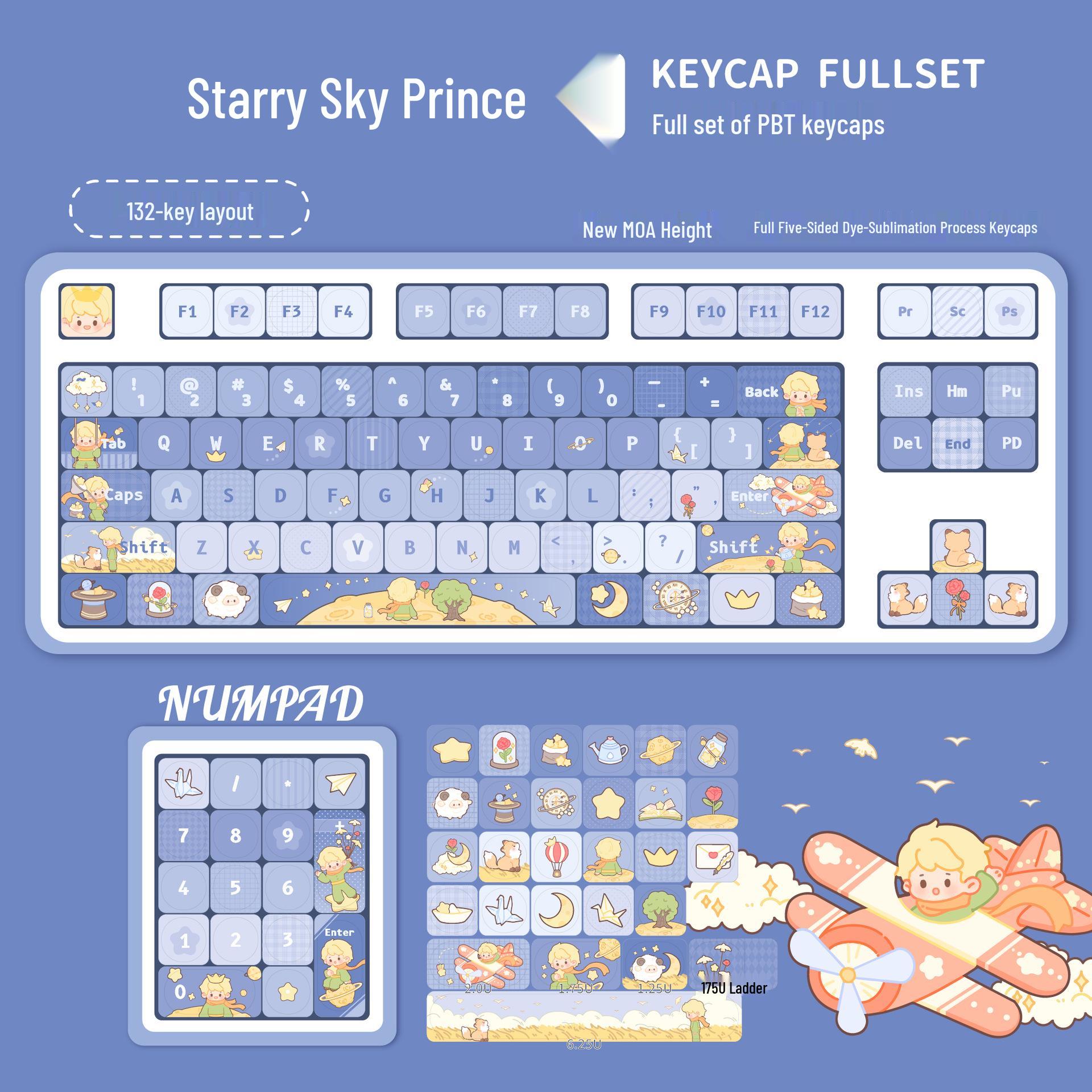 Звездное небо Маленький принц Милые кейкапы - Высокий внешний вид PBT, Пятисторонняя сублимация, Совместимы с механической клавиатурой MOA 60-108