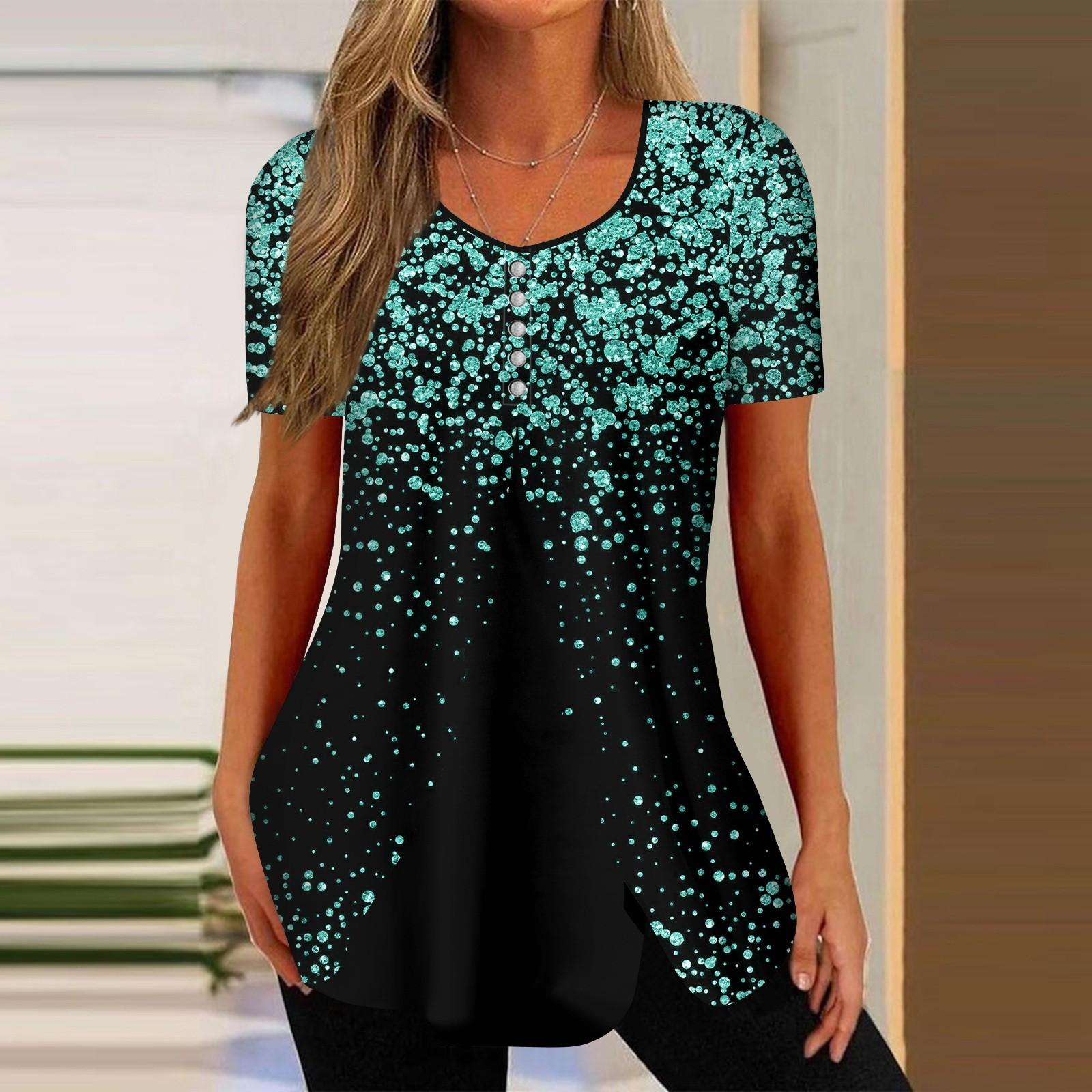 

Рубашки для женщин, топы с короткими рукавами, нарядные летние повседневные блузки с v-образным вырезом и нерегулярным подолом с принтом, футболки XL зелёный