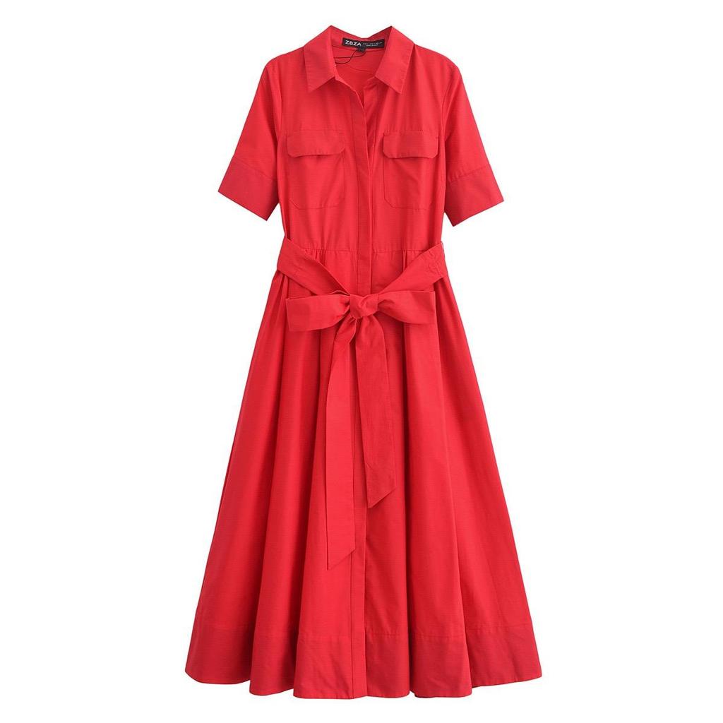 LYRIA Casual Striped Women Dress Lapel Single Breasted Short Sleeve Slim Waist Long Dresses New Lady Fashion Vacation Robe