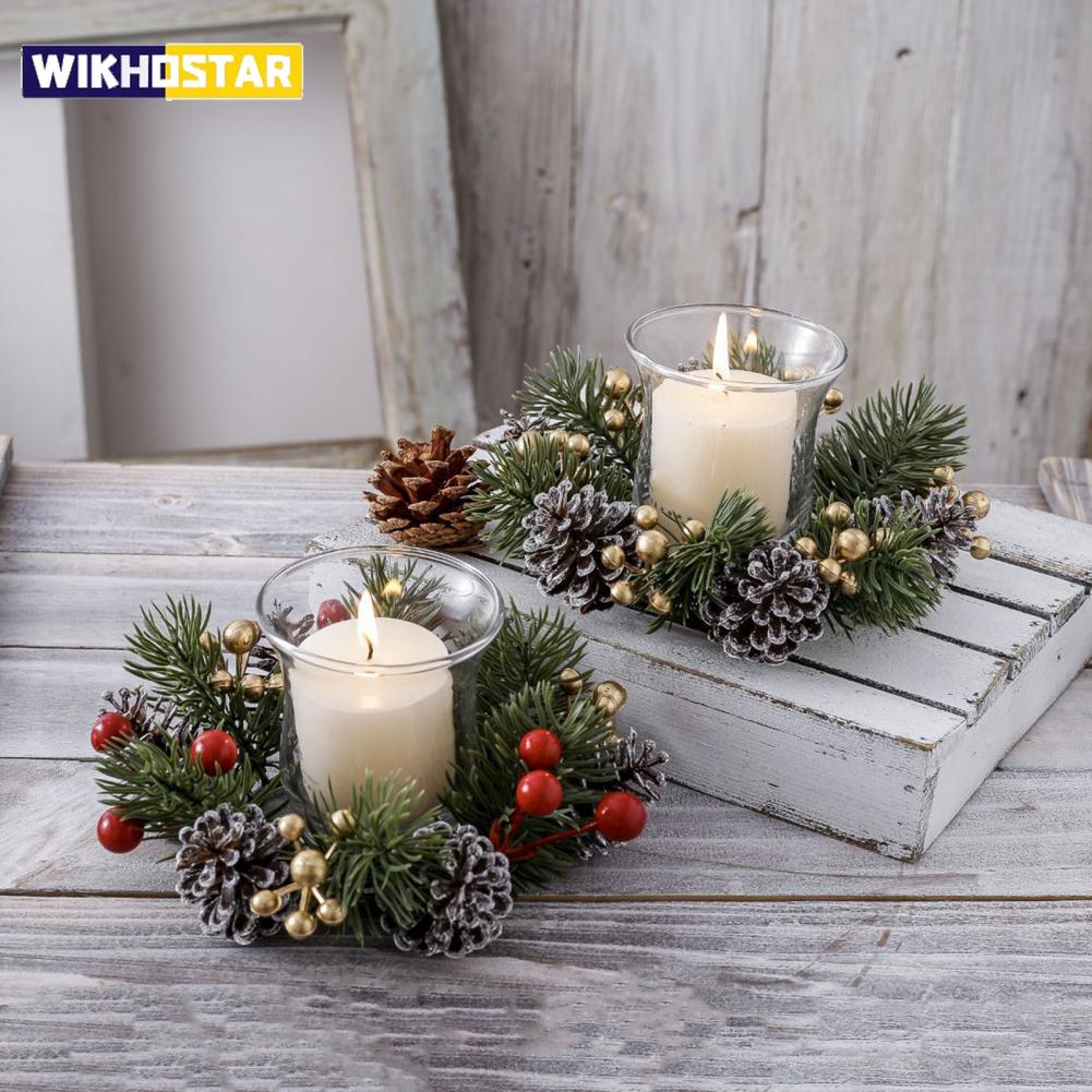 Christmas Candle Ring Artificial Pine Needle Pinecone Berries Garland Rustic Festive Candle Wreath for Home Table Decor