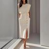 Women's Midi Dress Crew Neck Sleeveless Button Detail Side Slit Slim Waist Elegant Dress