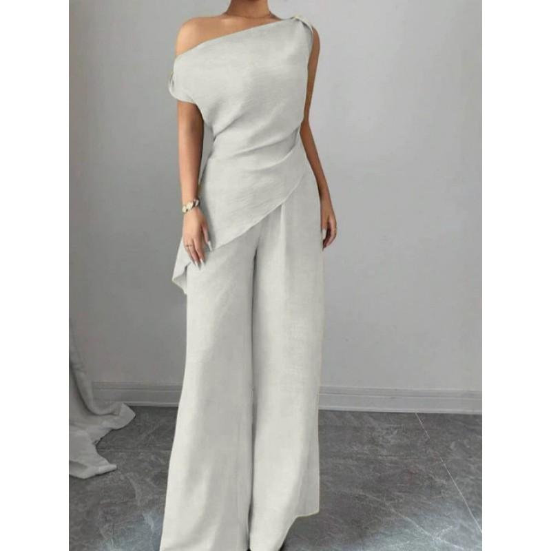 2026 Womens Off-Shoulder Sleeveless Solid Color Wide Leg Pants Set Casual Outfit