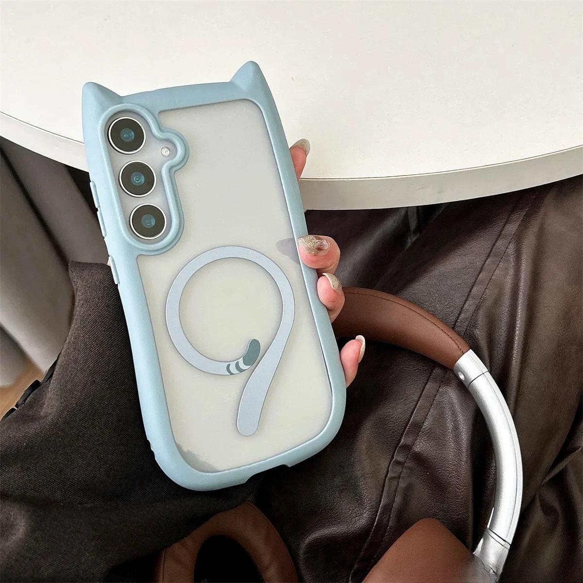 

for Samsung S25Plus for Magsafe Magnetic Cute Cat Ear Case for Samsung Galaxy S25 Plus S23 S24 Transparent Shockproof Hard Cover for Samsung S23 Plus