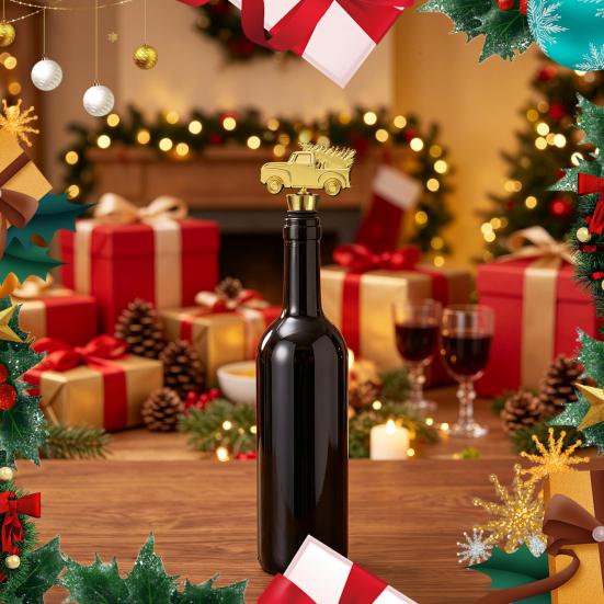 Decorative Wine Cork for Christmas Party Stopper with Silicone Ring, Stainless Steel Bottle Sealer, Snowflake/Car/Train/Elf Topper, Reusable Leakproof