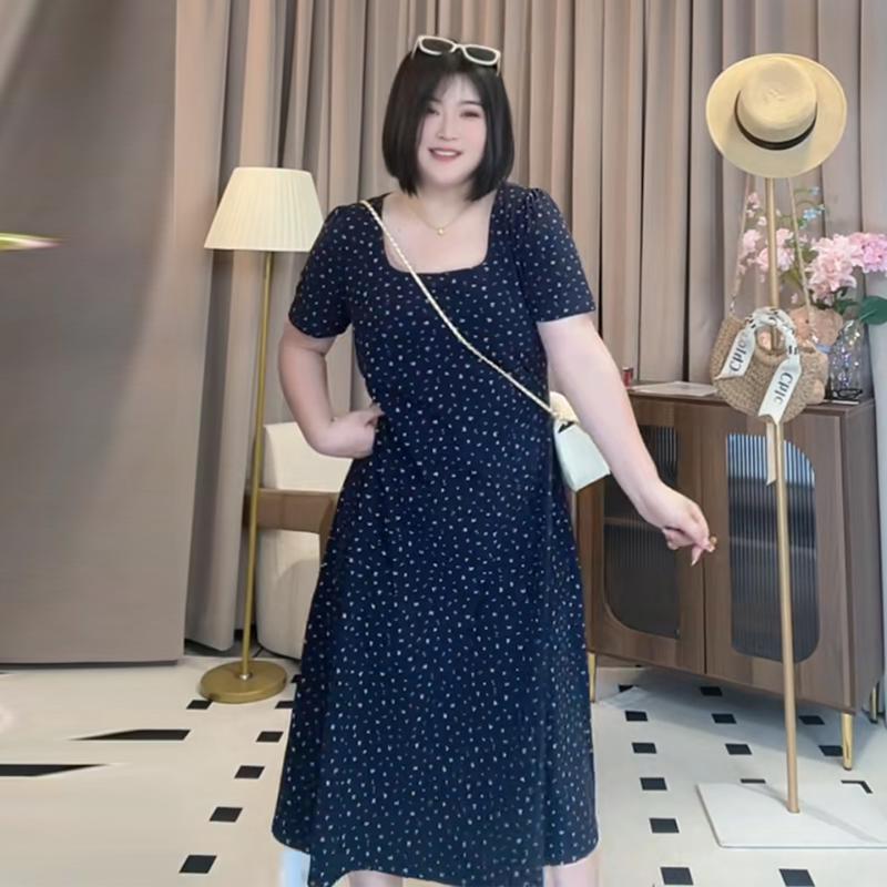 Large size retro elegant square neck floral dress women's summer fat mm thin gentle wind temperament versatile skirt