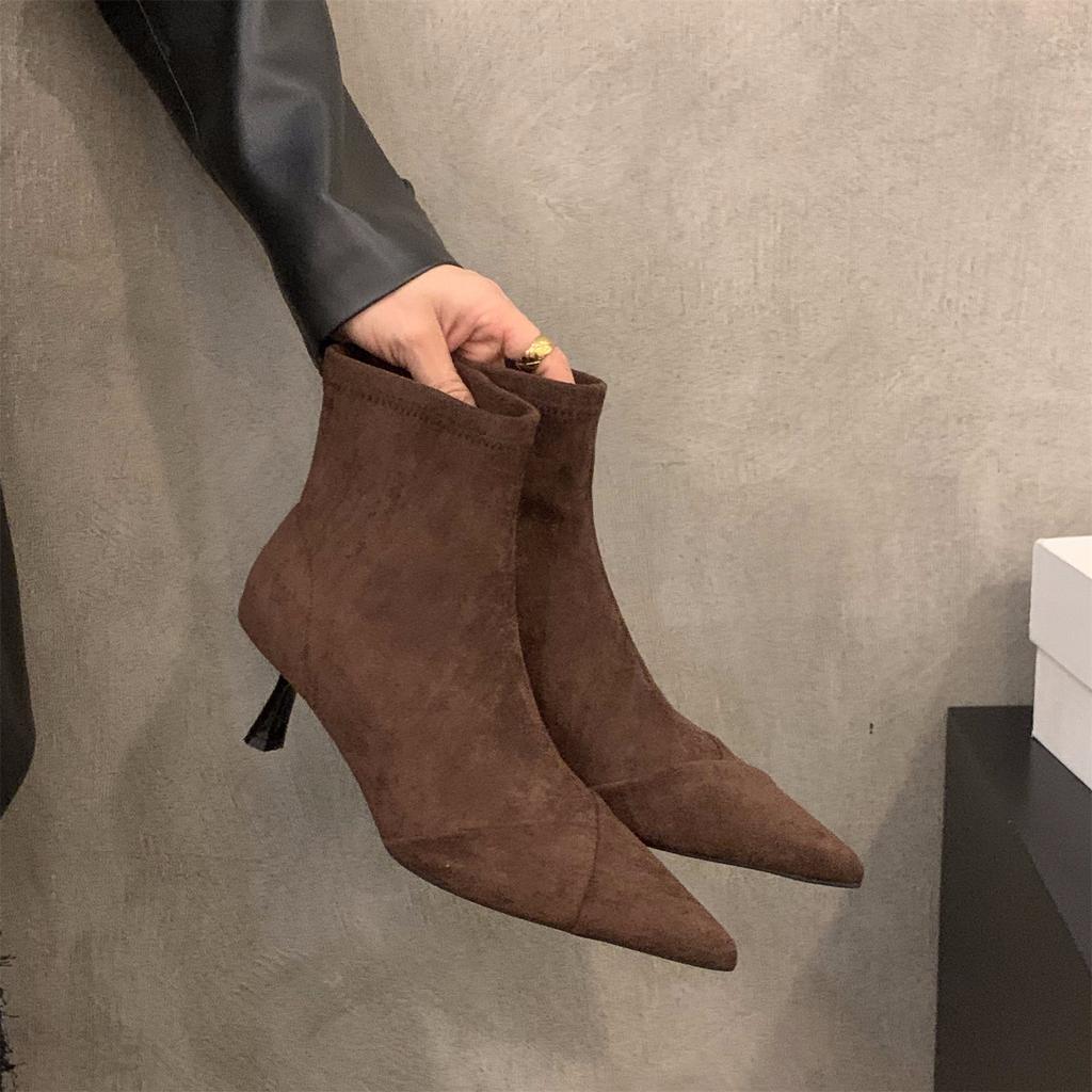 High Heel Thin Heel Pointed Suede Thin Boots Short Boots Women's Shoes 2025 New Autumn and Winter Brown French Small Ankle Boots