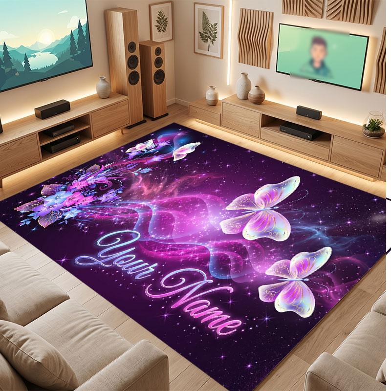 Butterfly Theme Crystal Velvet Floor Rug Personalized Custom Name Text Warm Carpet Home Decoration