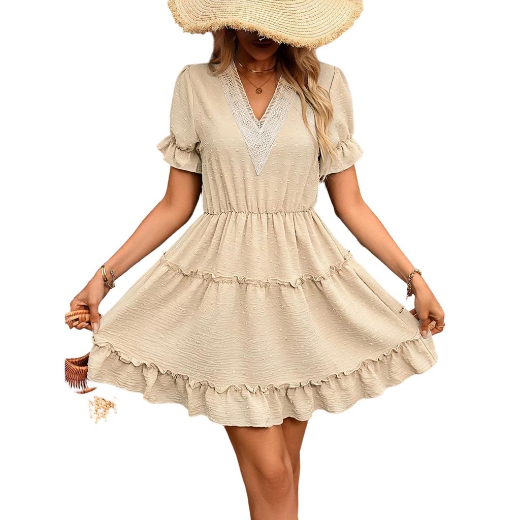 Women’s Summer Casual Short Sleeve Dress with Tie Waist Ruffled Hem V Neck Design Lightweight Fabric Elegant Style