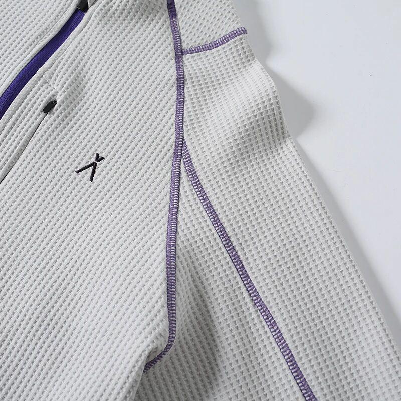 Mountain-Style Unisex Autumn Waffle Knit Half-Zip T-Shirt: Color-Block, Snap Button, Loose Fit, Breathable Long Sleeves