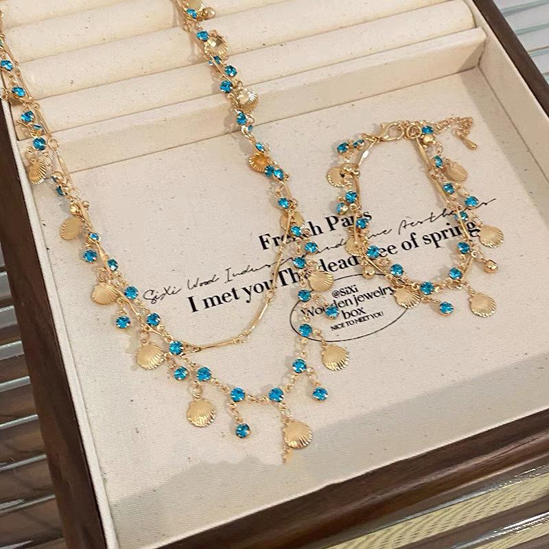 Gold Color Chain Shell Necklace Blue Tear Crystal Choker Necklace Bracelet For Women Summer Wedding Party Jewelry