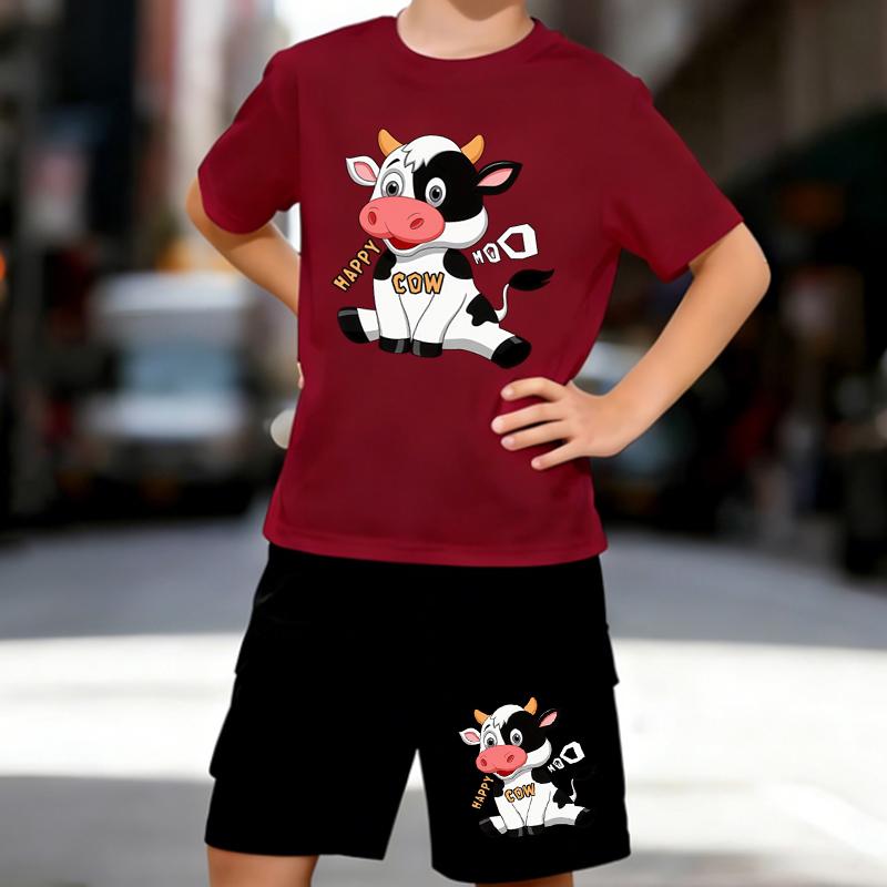 Boys 2 Piece Cartoon Cow Printed Outfit, Short Sleeve T-Shirt and Shorts Set for Kids Age 5-14,White, Black Sporty Casual Summer Clothes