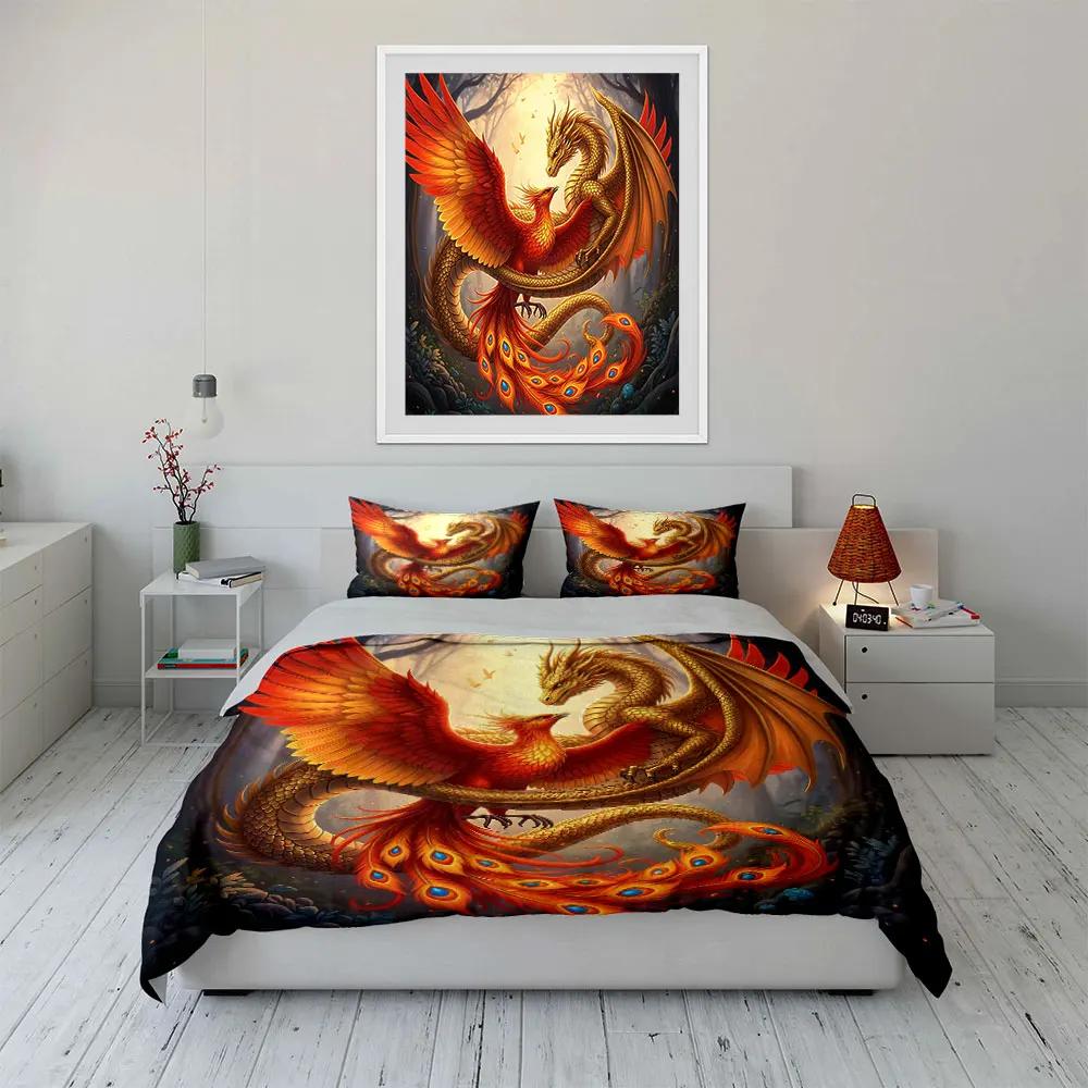 Dragon Phoenix Mythical Decor Set Soft Comfortable Duvet Cover Bedding Set Included 1*Duvet Cover & 2*Pillowcases gift