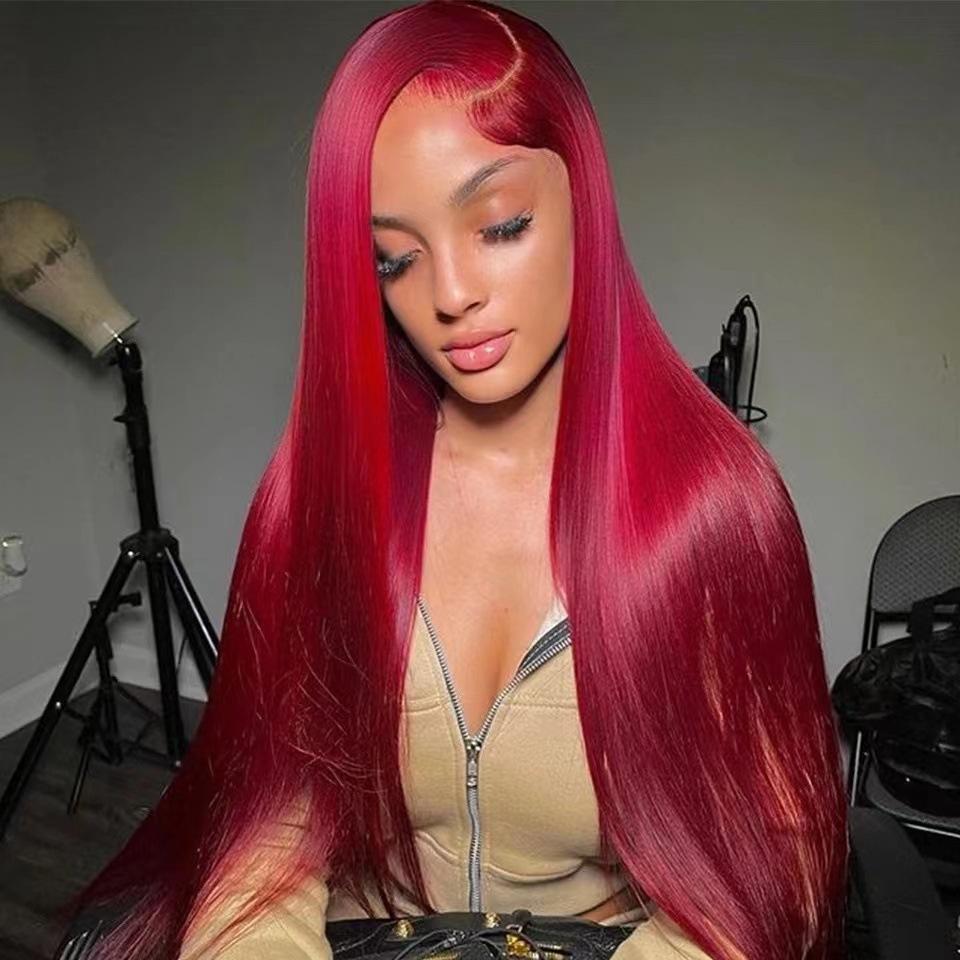 Burgundy Long Straight Hair Wig European American Women's Daily Natural Front Lace Headgear