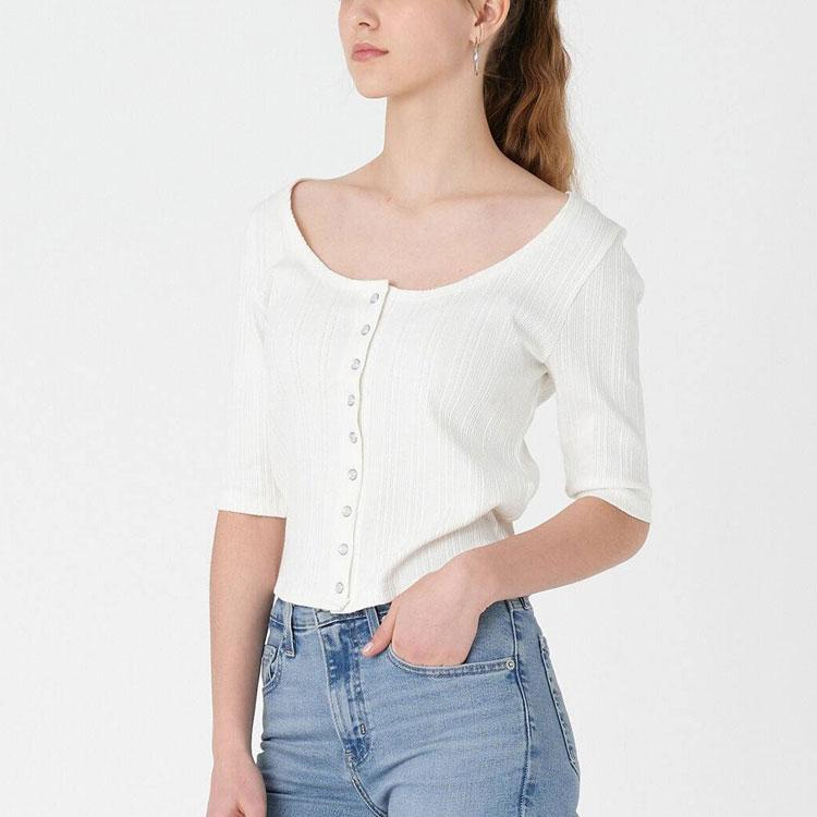 Levis Solid Color Round Neck Short Sleeve Knitted Cardigan Women Cardigans White A4769-0001