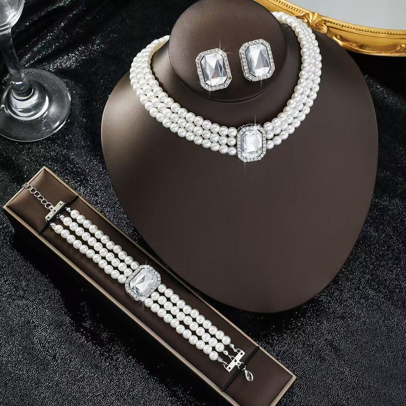 

Luxury-lite Multi-layer Imitation Pearl Necklace, Bracelet and Earrings Set - Fashionable Accessory Set белый